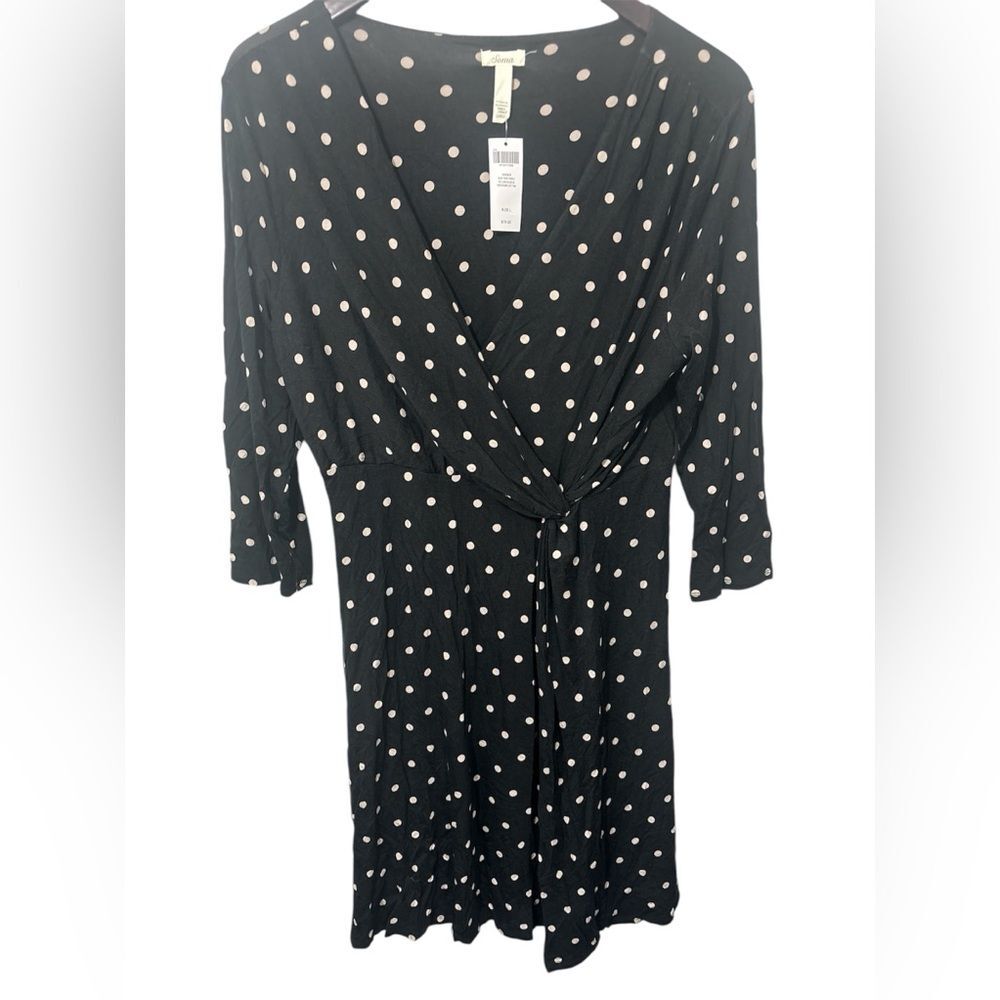 NWT SOMA Dress Womens Large 3/4 Sleeve V Neck faux Wrap Black Polka Dot Career